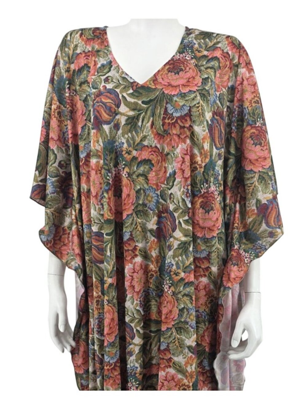 Vintage Floral Print Polyester Kaftan Dress With Flowing Sleeves & V-Neckline